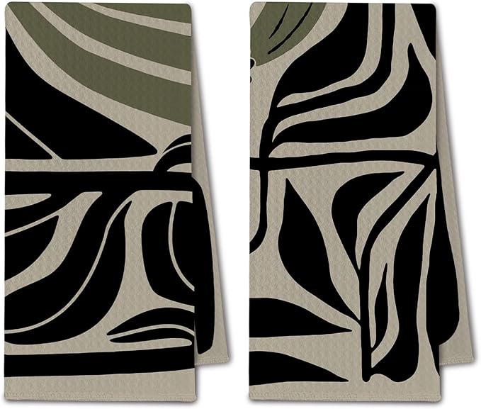Abstract Boho Sage Green Floral Kitchen Towels, Retro Groovy 70s Boho Dish Towels for Kitchen, Mid Century Modern Green & Black Decorative Hand Towels for Bathroom, 16x24 Inch Set of 2