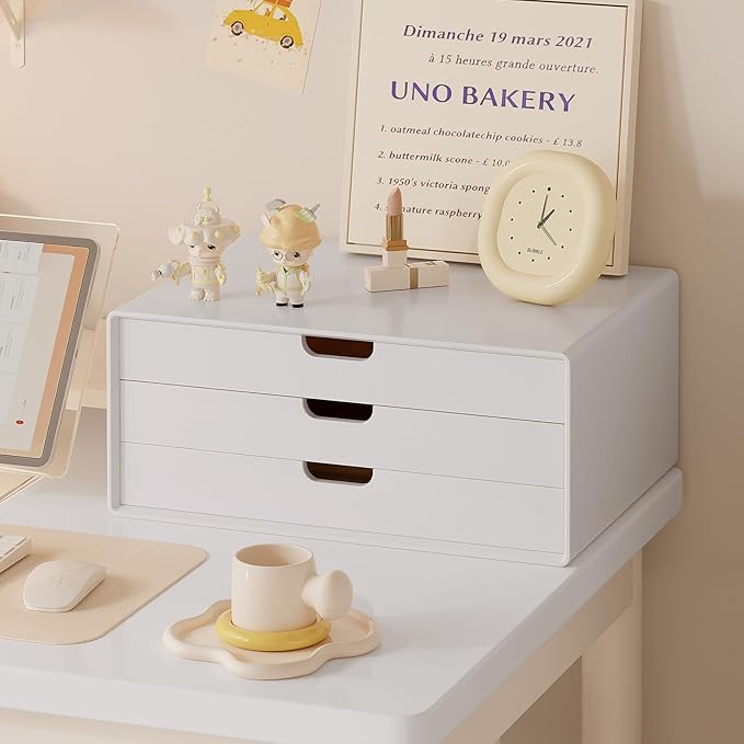LitaEther Desk Organizer with 3 Drawers, ALEX Drawer Unit, Chic White Wood Cosmetic Makeup Organizer for Office Vanity Tabletop Storage 13.8"X 6"X10.2"