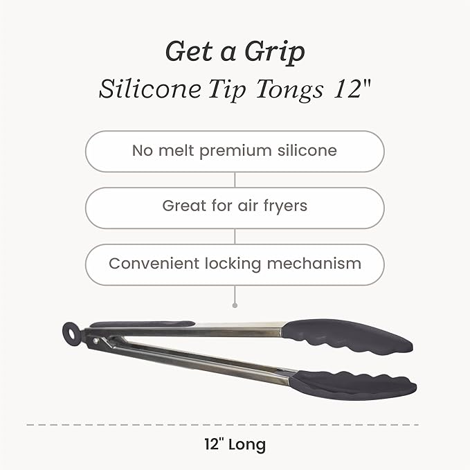 StarPack Premium Silicone Kitchen Tongs 12-Inch - Stainless Steel with Non-Stick Silicone Tips, High Heat Resistant to 600°F, For Cooking, Serving, Grill, BBQ & Salad (Stormy Grey)