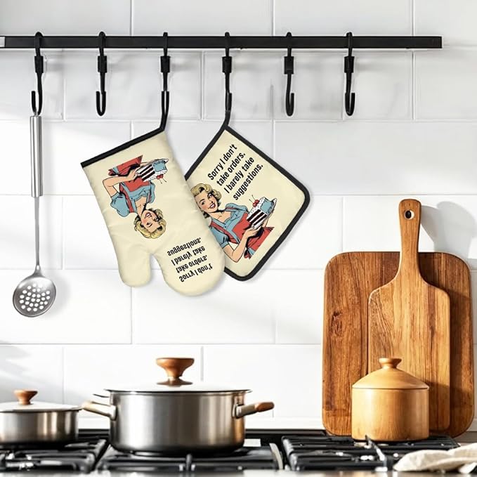 DYJYBMY Sorry I Don't Take Orders and I Barely Take Suggestions Funny Oven Mitts and Pot Holder Set, Funny Vintage Lady Kitchen Gadgets for Women, Housewarming Gifts for Chef Friend Mom Sister BFF