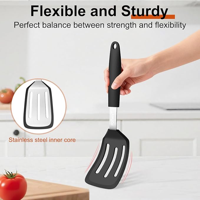 2 Pack Silicone Spatula Set, 600°F Heat Resistant Kitchen Spatula, BPA Free Solid & Slotted Turner, Flexible Cooking Utensils for Non Stick Frying Pan, Flipper for Eggs and Pancakes (Black)