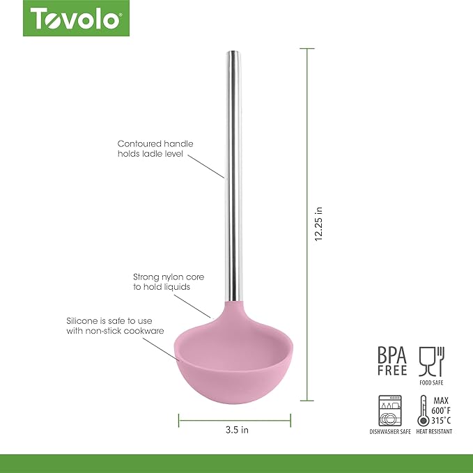 Tovolo Silicone Ladle with Stainless Steel Handle Pink Sorbet Soup Ladle Large, Dishwasher Safe Heat Resistant BPA Silicone Ladle Deep Spoon with Reinforced Nylon Core for Soup, Stew, Sauce & Punch