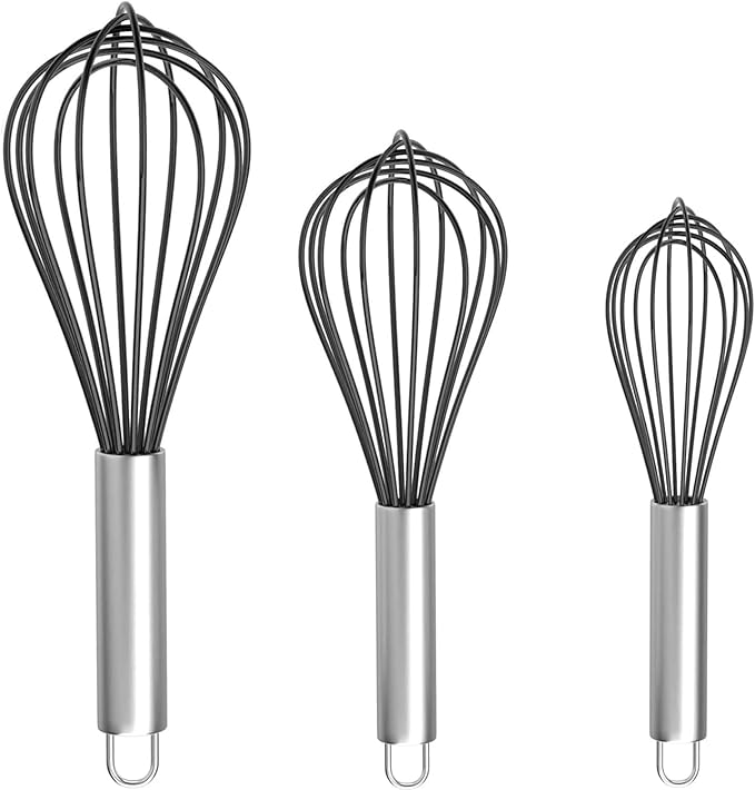 Silicone Whisk, Stainless Steel Wire Whisk Set - 3 PCS Rubber Whisks for Cooking, Non-stick Cookware, Kitchen, Balloon Egg Beater Perfect for Blending, Whisking, Black
