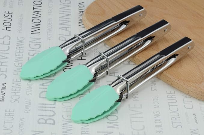 HINMAY Stainless Steel Food Tongs with Silicone Tips 7-Inch Mini Tongs, Set of 3 (Mint)