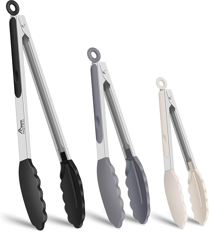 HOTEC Premium Stainless Steel Locking Kitchen Tongs with Silicon Tips, Set of 3-7", 9" and 12" (Black,Grey,Khaki)