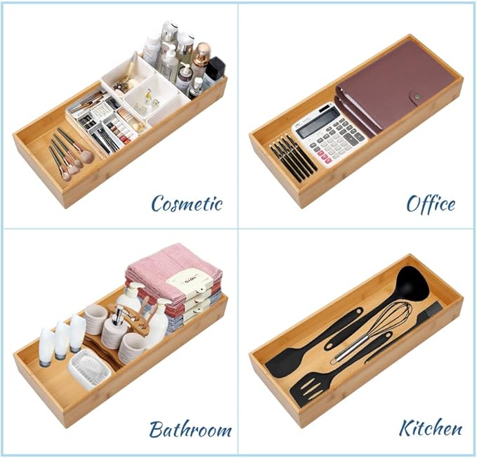 PRATIQUE Bamboo Drawer Organizer - Kitchen Utensil Organizer Silverware Tray Cutlery Holder，Office Desk Supplies and Accessories (8.9x5.9x2.6 inch)