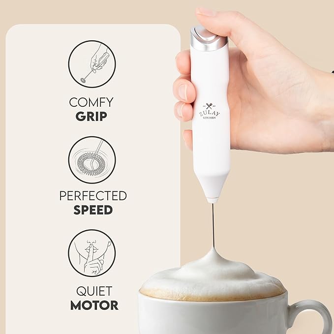 Zulay Kitchen Powerful Frother Wand AA Batteries Included, Ultra Fast Handheld Drink Mixer, Comfort Milk Frother, Stainless Steel Whisker, Frother Handheld for Coffee, Protein & Matcha - Frothmate 2.0