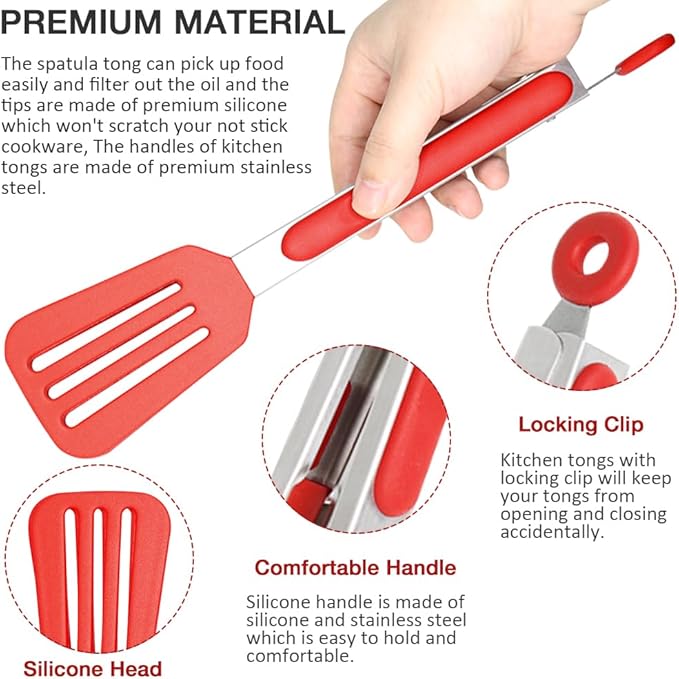 9 Inch Small Kitchen Tongs Set of 3, Silicone Cooking Tongs with Silicone Tips and Stainless Steel Handle, Tongs for Cooking, Serving(Red)