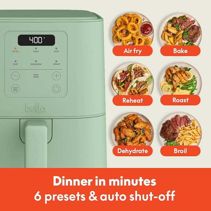bella 4Qt Slim Air Fryer, Fits-anywhere™ Kitchenware, EverGood™ Ceramic Nonstick Coating, Adjustable Temperature, 6 Preset Cooking Options, 60 Min Auto Shutoff w Audible Tone, 3.3lb Capacity, Seaglass