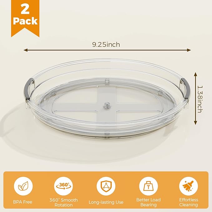 2 Pack Lazy Susan Organizer, 9.25 inch Lazy Susan Turntable for Cabinet Table Top Refrigerator, Rotating Organizer for Pantry Fridge, Clear
