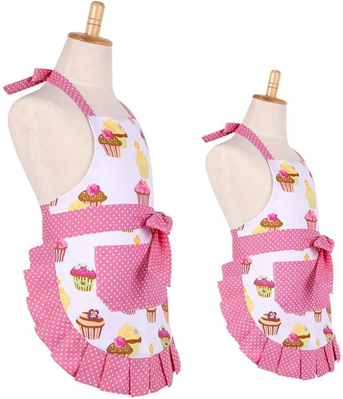 G2PLUS Apron for Women with Pockets, Extra Long Ties Cotton Apron Perfect for Kitchen Cooking, Baking and Gardening (Mama and Me Set)