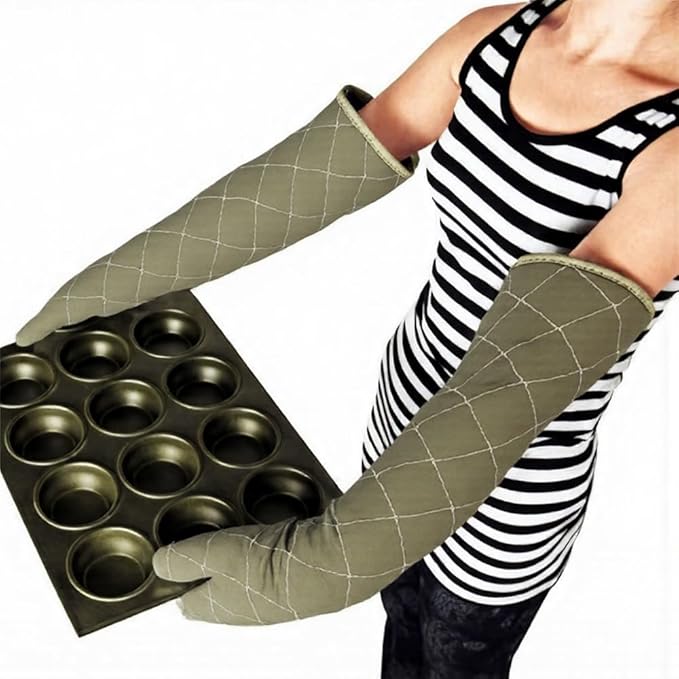 Linwnil Extra Long 24 Inch Heat Resistant Oven Gloves New Cotton Oven Mitts Kitchen Gloves High Temperature Cooking Tool BBQ Gloves (24" Green, 24 Inch)