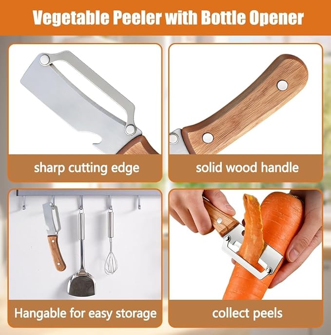 Premium Vegetable Peeler with Wooden Handle and Bottle Opener: 2-in-1 Stainless Steel Kitchen Tool for Fruit Apple Potato Pumpkin Papaya (1 PCS)