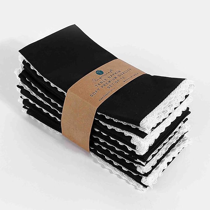 FINGERCRAFT Dinner Cloth Napkin Cotton Linen Blend 4 Pack Mitered Corners with Elegant Lace for Everyday Use Napkins are Pre Shrunk and Good Absorbency Black Easter Color
