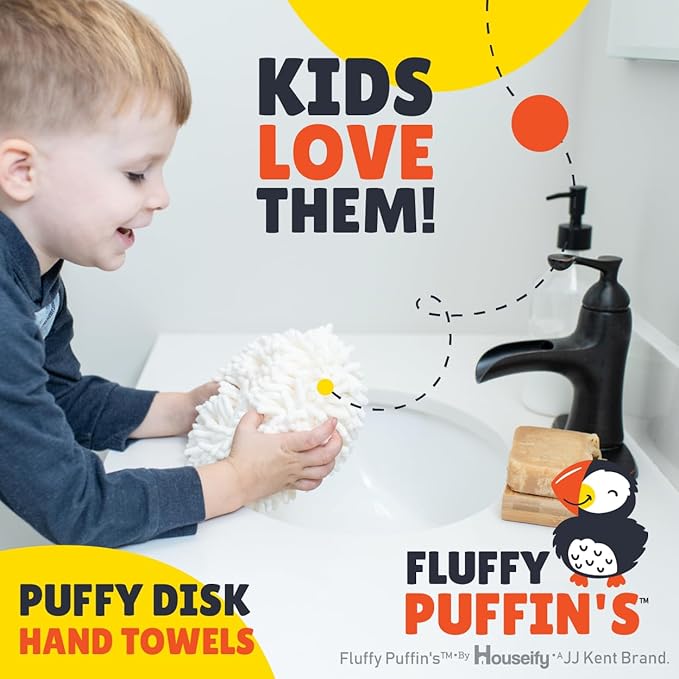 JJ KENT Fluffy Puffins Microfiber Hand Towels - Set of 3 Fluffy Hand Towels with Wall Hook Attachment - Quick and Easy Hand Drying Puffs