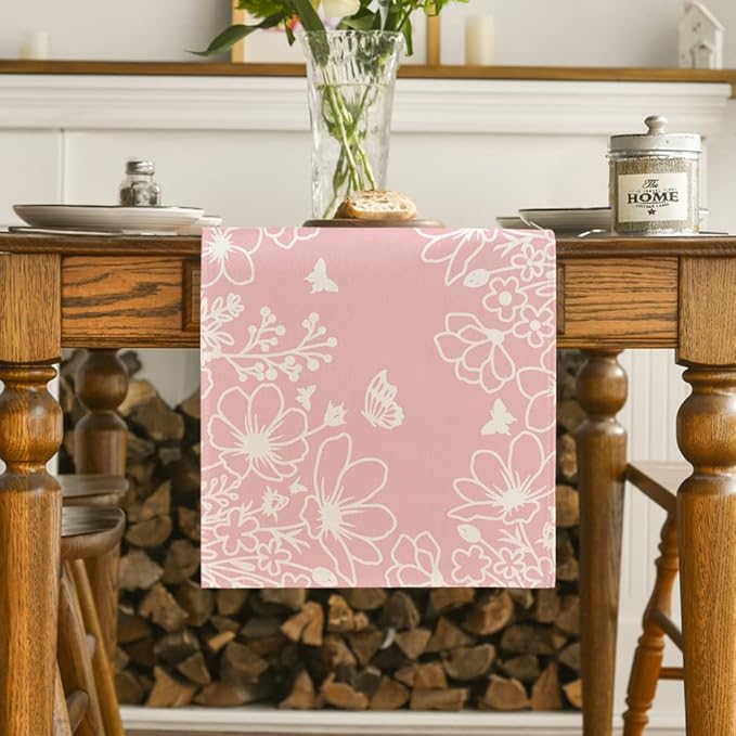Artoid Mode Pink Bloom Flowers Butterfly Spring Table Runner, Seasonal Holiday Kitchen Dining Table Decoration for Home Party Indoor 13x120 Inch