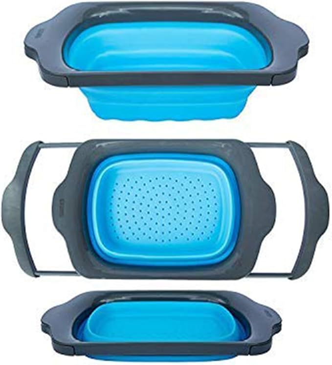 Comfify XL Large Kitchen Strainer - Collapsible Silicone Over - The-Sink Colander with Extendable Handles - Use with Pasta, Fruit, Berries & Veggie - 6 Quart - Blue