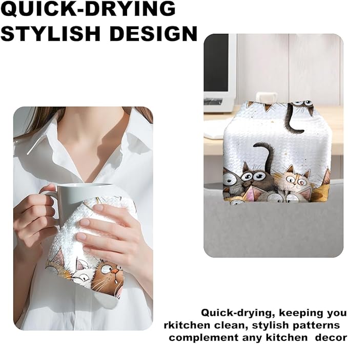 3 Pcs Cute Cat Kitchen Towels, Cats Soft Absorbent Hand Tea Towel, Microfiber Dish Cloths for Drying Dishes, Waffle Dish Towels for Kitchen Home Bathroom Decor, Cat Lover Gifts for Women Mom