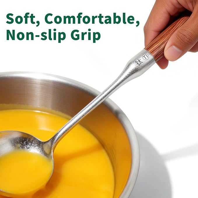 Newness Soup Ladle, [Rustproof, Heat Resistance] Resilient Pure Titanium Soup Spoon with Long Ergonomic Natural Wooden Round Handle, Non-Toxic Cooking Spoon for Kitchen, 14.56 Inches