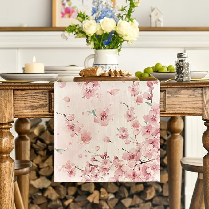 Artoid Mode Floral Cherry Blossoms Branches Summer Table Runner, Seasonal Spring Kitchen Dining Table Decoration for Home Party Decor 13x48 Inch