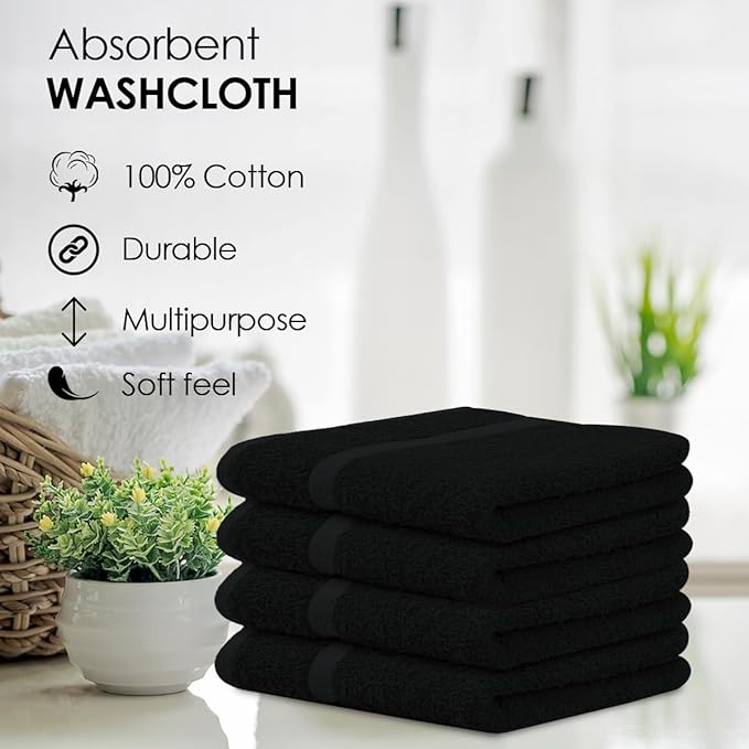 Avalon Towels Cotton Washcloths 24-Pack – 12 x 12 Inch Black Super Soft & Absorbent Ring-Spun Cotton Wash Cloths for Face, Bath, Spa, Gym, Hotel & Cleaning
