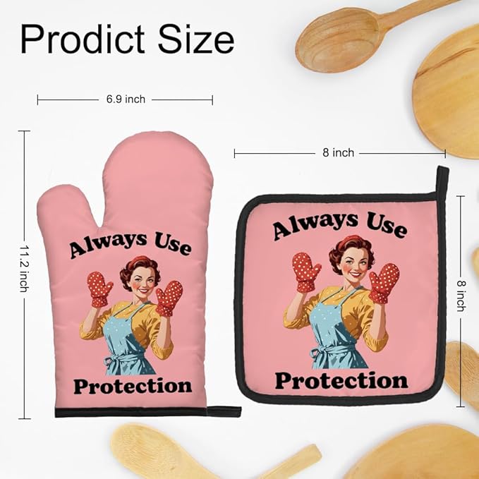 DYJYBMY Always Use Protection Funny Oven Mitts and Pot Holder Set, Retro Housewife Kitchen Gadgets for Women, Baking Gifts for Bake Lover Chef Friend, Hostess Gifts for Mom Wife Aunt Sister BFF