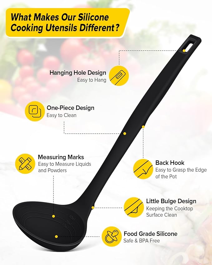 Silicone Pasta Fork and Soup Ladle Set, Heat Resistant Non Stick Kitchen Utensils with Back Hooks, Suitable for Cooking, Stirring, Serving Spaghetti, Soup, Sauce (BLACK)