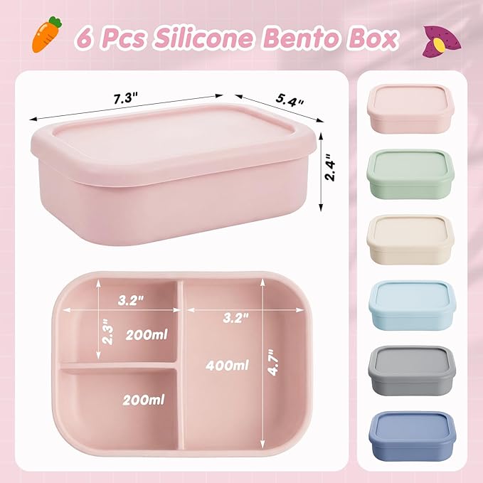 Layhit 6 Pcs Silicone Bento Box for Adults, 27 oz Bento Lunch Container Reusable 3 Compartment Lunchable Food Container for Women Men, Leak Proof Microwave Dishwasher Freezer Safe (Morandi Colors)