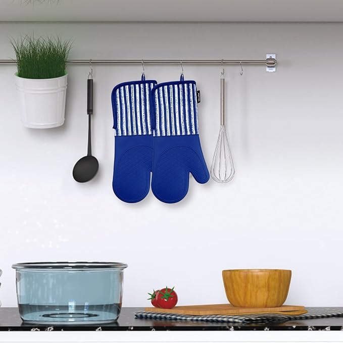 Alselo Silicone Oven Mitts Heat Resistant 932℉ with Waterproof & Non-Slip Kitchen Mittens, Set of 2 Extra Long Oven Gloves with Soft Cotton Terry Lining for Baking Cooking Barbecue (Cobait Blue, 2)