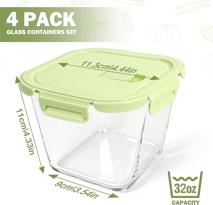 Glass Soup Containers with Lids 32oz - Borosilicate Glass Storage Containers 4 Cup, Freezer to Microwave Safe, Airtight Leak Proof, Square Meal Prep Containers for Lunch Travel- 4 Pack