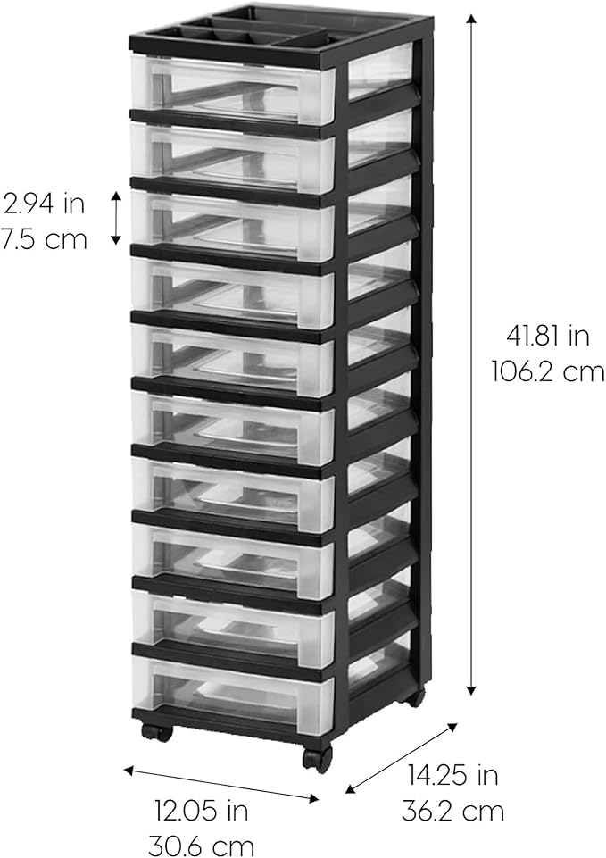 IRIS USA 2 Pack 10-Drawer Plastic Storage Rolling Organizer Cart with Caster Wheels for Laundry Room, Bathroom, or Closet Dresser Storage, Black/Clear
