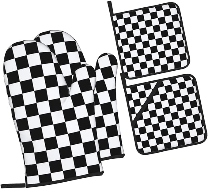 Checkered Black and White Plaid Oven Mitts and Pot Holders Set of 4,Heat Resistant Non-Slip Potholders Oven Gloves and Pad for Kitchen Cooking Baking Grilling BBQ