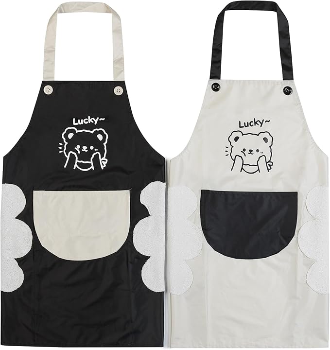 2 Pack Kitchen Apron with Hand Wipe,Water-drop Resistant with 2 Pockets Cooking Bib Aprons for Women Men Chef