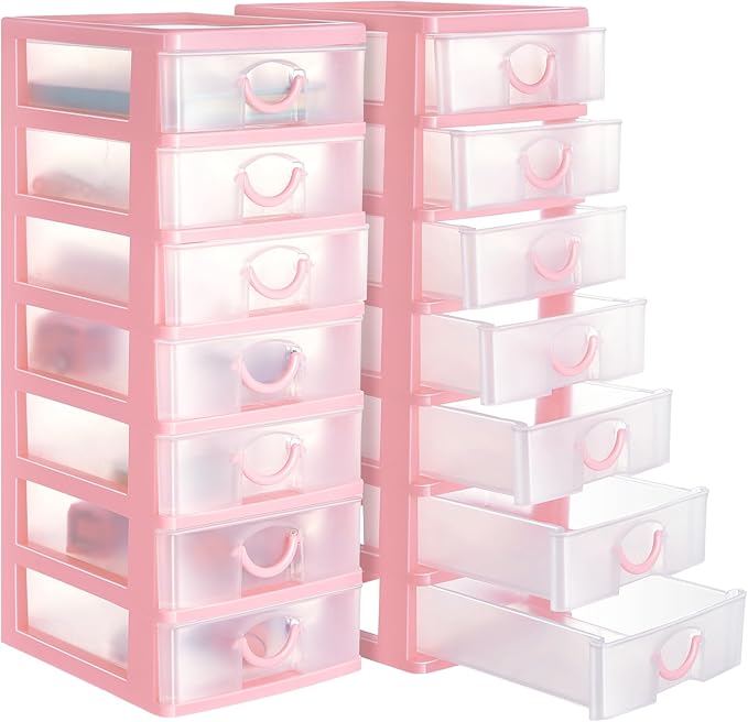Thyle 2 Pcs Plastic Drawers Organizer Mini Organizer Stackable Plastic Clear Drawer Storage Box Containers Storage Units for Desktop Classroom Craft 6.7 x 4.9 x 13.4 inches(Pink)