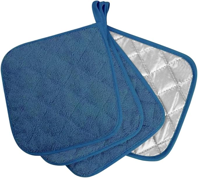 meioro 4-Pack Pot Holders for Kitchen High Heat Resistant Potholder, 100% Cotton Hot Pads, Quilted Terry Hot Pot Holder Set for Kitchens, Washable Trivet for Cooking and Baking 7x7 Inches (Blue)