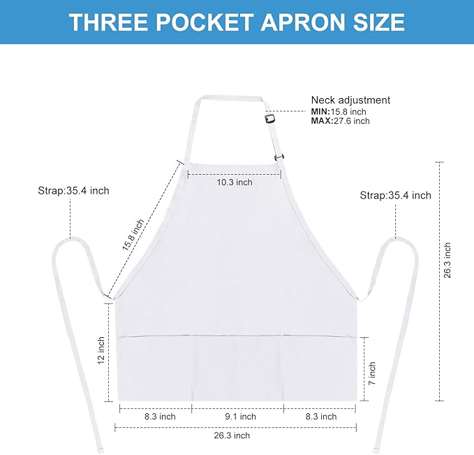 Jubatus 2 Pack 3 Pockets 100% Cotton Adjustable Bib Apron Chef Kitchen Cooking Aprons for Women Men, White