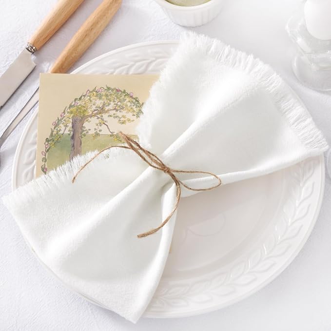 DeZerlor 12 Pack Ivory White Cotton Linen Napkins with Fringe Spring Cloth Napkins Set of 12 Boho Handmade Dinner Napkins Bulk for Wedding Bridal Baby Shower Parties, 17 x 17 Inches