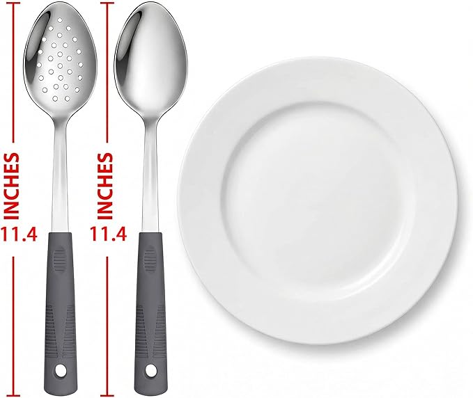 Stainless Steel Serving Spoons & Slotted Spoons Set, with Non-Slip Silicone Handles,2-Piece Metal Serving Spoon, Slotted Metal Spoon for Home Kitchen, Parties & Daily (Dark gray)