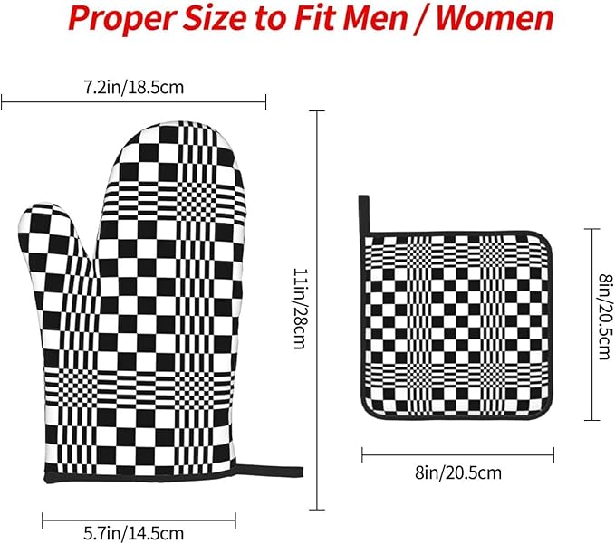 Black and White Optical Illusion Checkered Oven Mitt & Pot Holder Set (3-Piece) - Heat Resistant Non-Slip Kitchen Gloves Gift for Cooking Enthusiasts, Modern Kitchen Decor for Baking Grilling, Black