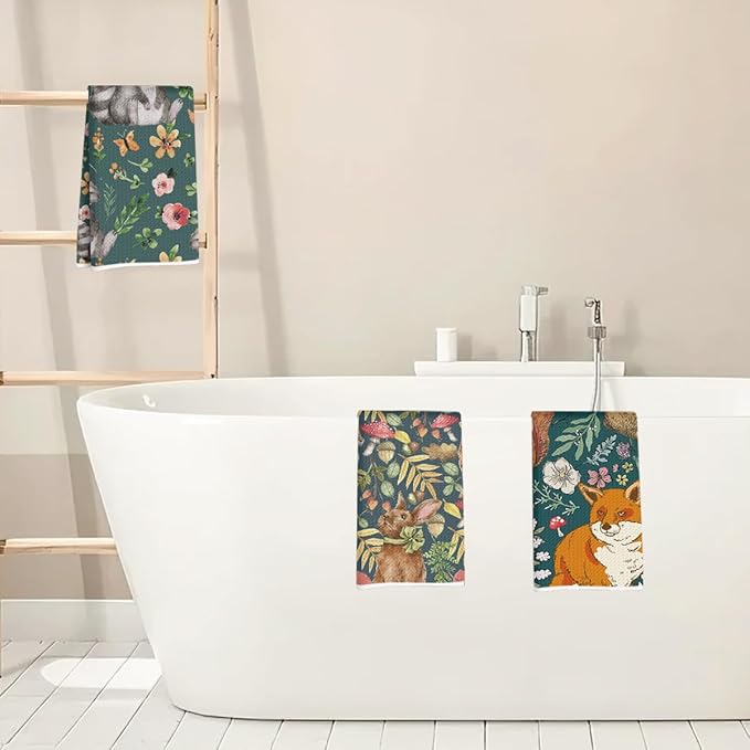 3Pcs Animal Flower Kitchen Towels, Fox Bunny Microfiber Dish Cloth Tea Towel, Reusable Waffle Hand Towels for Bathroom kitchen Home Farmhouse Decor, Raccoon Gifts for Women Mom Friend, 24x14 Inch