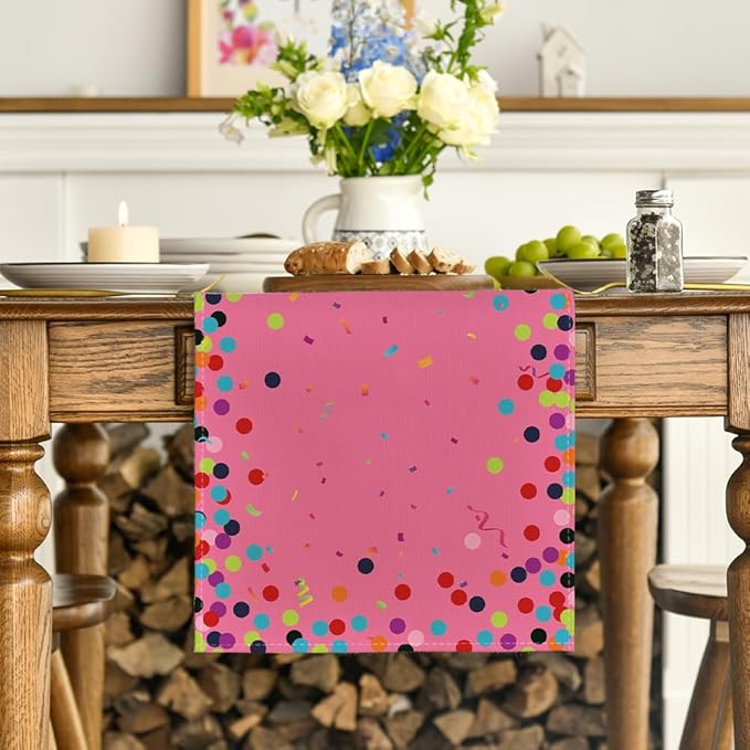Artoid Mode Polka Dot Pink Happy Birthday Table Runner, Seasonal Kitchen Dining Table Decoration for Home Party Decor 13x90 Inch