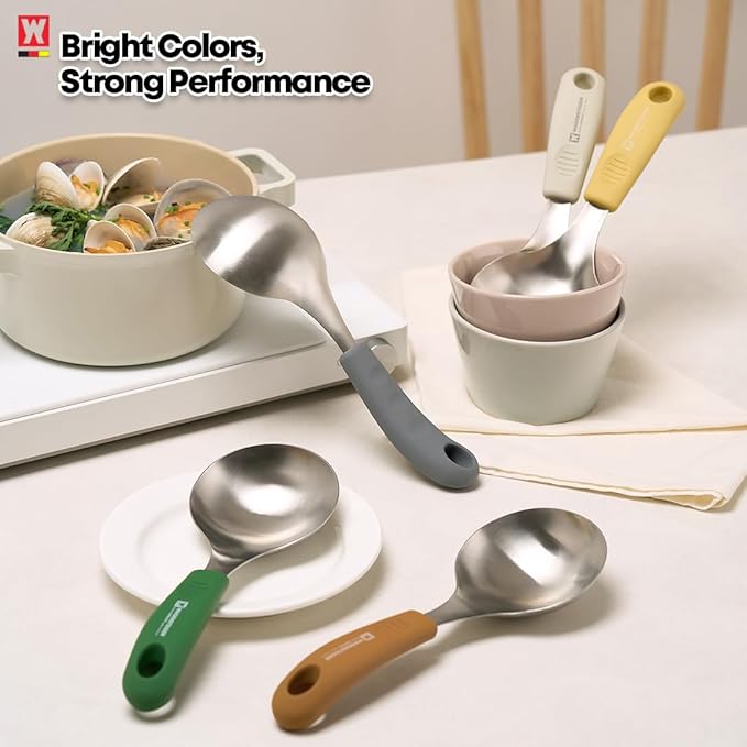 Short Stainless Steel Ladle 220mm (8.6”) – SUS304 Thick Deep Bowl Head with Soft-Grip Silicone Handle – Lightweight Mini Soup & Serving Spoon for Cooking – 5 Color Options (Brown)