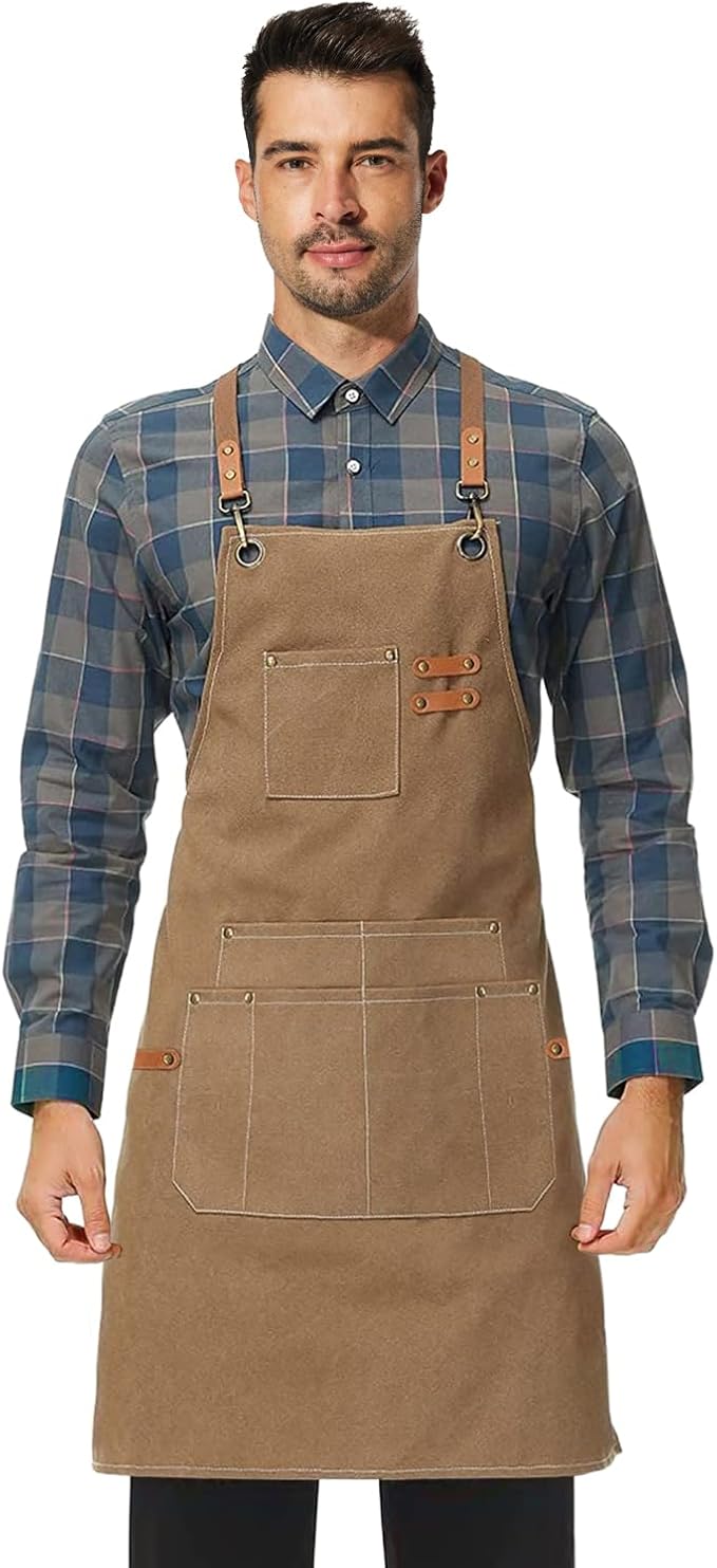 Canvas Work Apron,Cross Back Aprons for Men,Women,Cooking,Carpenter,Woodworking,Chef,BBQ,Grilling,Bartender