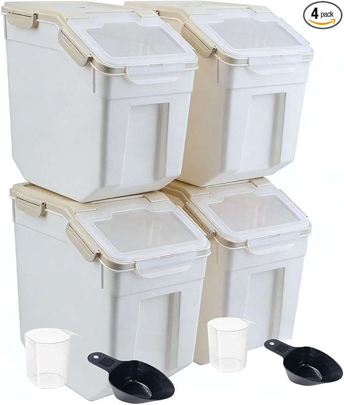 Saim Flour Storage Containers Bin 25lbs, 4Pack Airtight BPA Free Rice & Food Dispenser with Measuring Cup, Scoop - Kitchen Pantry Organizer for Flour, Rice, Grain, Cereal, Pet Food (Grey)
