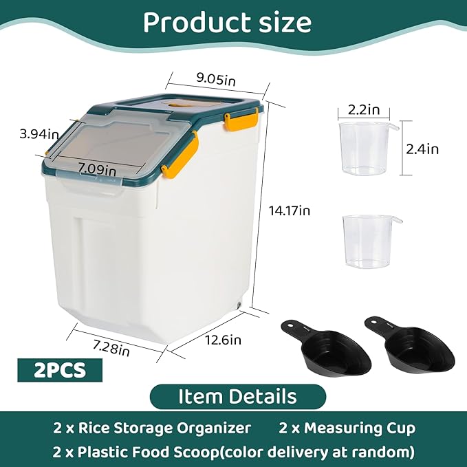 PENCK Rice Storage Container 25 lbs Large Household Flour Sugar Containers Airtight Grain Cereal Dispenser with Wheels, Locking Lid & Measuring Cup for Kitchen Pantry Organization, 2 Pack(Blue)