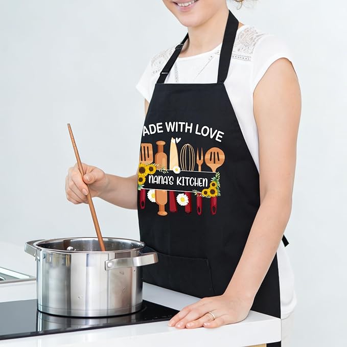 Black Baking Aprons for Women, Adjustable Cooking Baking Kitchen Aprons for Mom Chef with Pockets