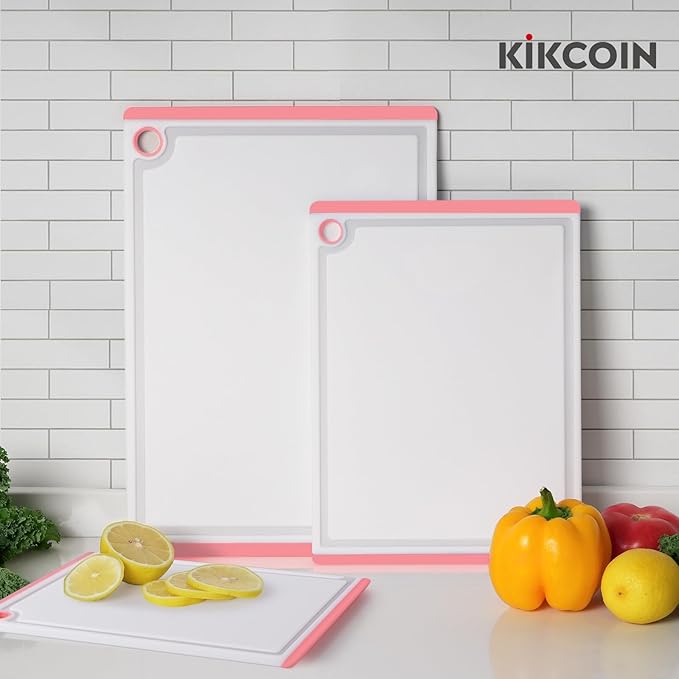 Kikcoin Plastic Cutting Boards for Kitchen, 3-Piece Large Cutting Board Set Dishwasher Safe Chopping Boards with Non-slip Feet and Juice Grooves, Pink