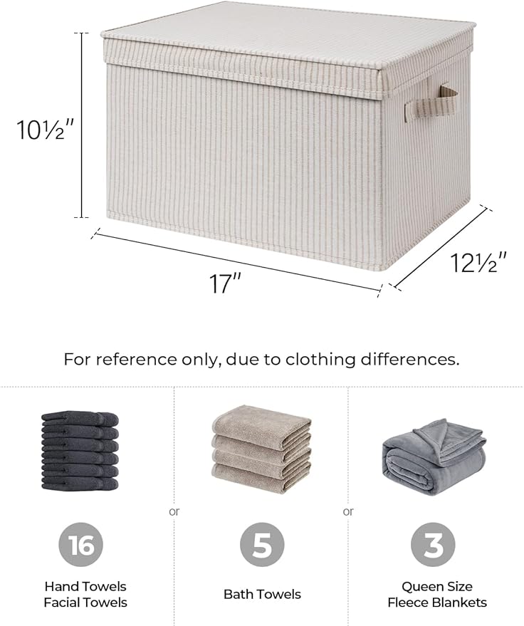 StorageWorks Storage Bins with Lids, Decorative Storage Boxes with Handles, Foldable Storage Baskets for Closet, Shelves, Stackable, Khaki Stripe, Jumbo, 3-Pack