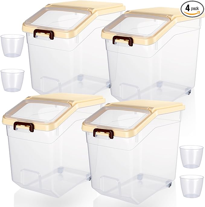 Sunnyray 4 Pcs Rice Storage Containers Bulk Flour Sugar Container Wheels Measuring Cups Set Airtight Pet Dog Cat Birds Food Bin Grain Cereal Organizer Box for Dry Baking (Beige,38 lb)