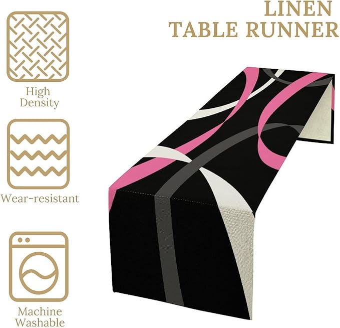 Abstract Geometric Table Runner Pink Grey and White Striped Black Background Modern Kitchen Dinner Runner for Indoor Home Living Room Party Dining Table Decoration 13"x36"
